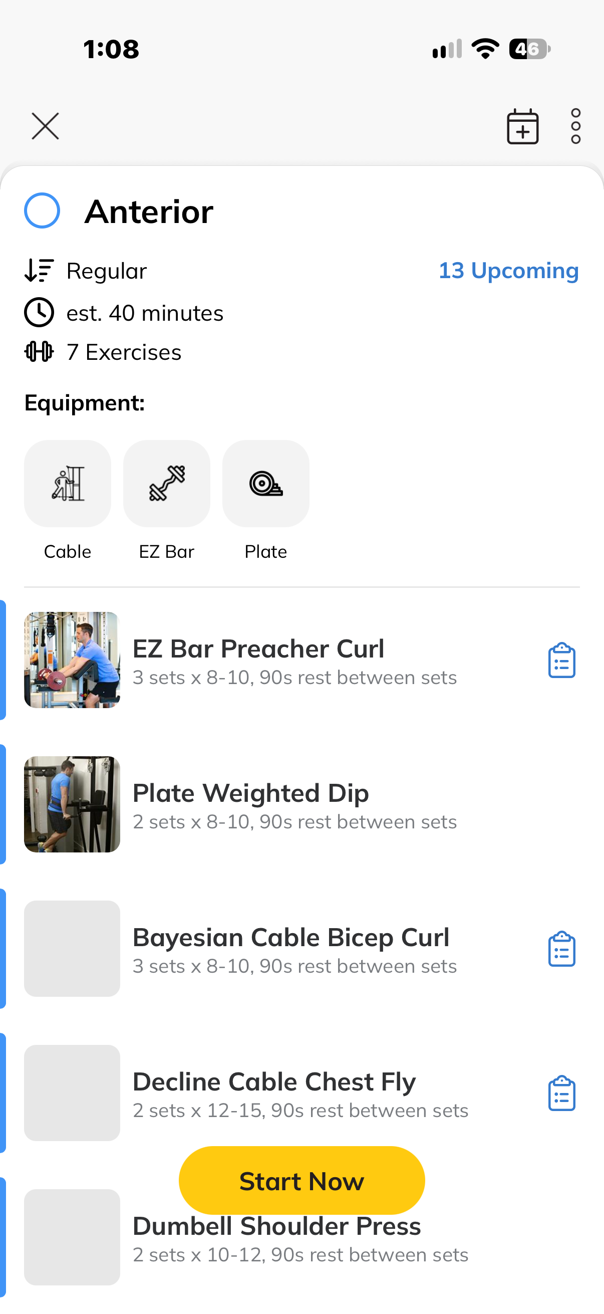 Workout screen in the coaching app