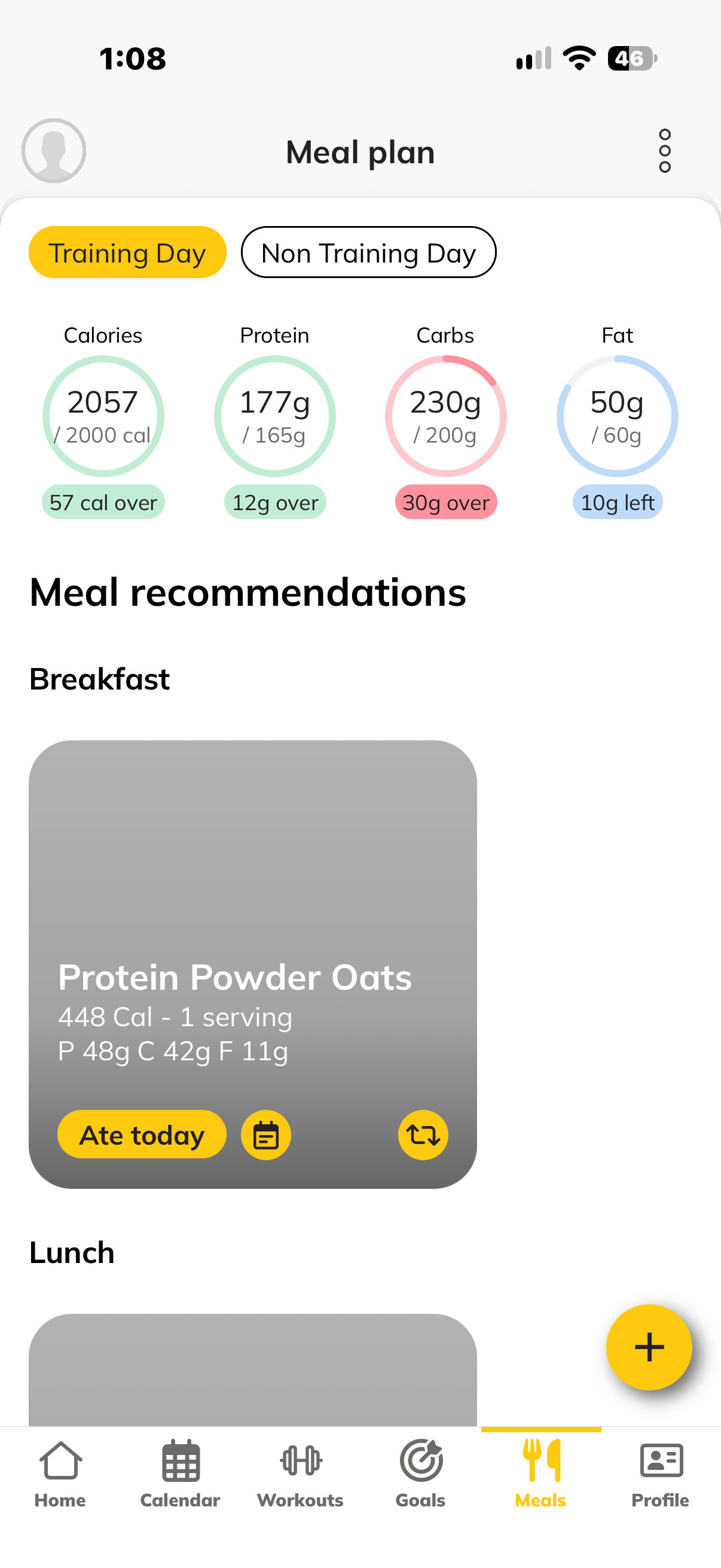 Nutrition tracking screen in the coaching app